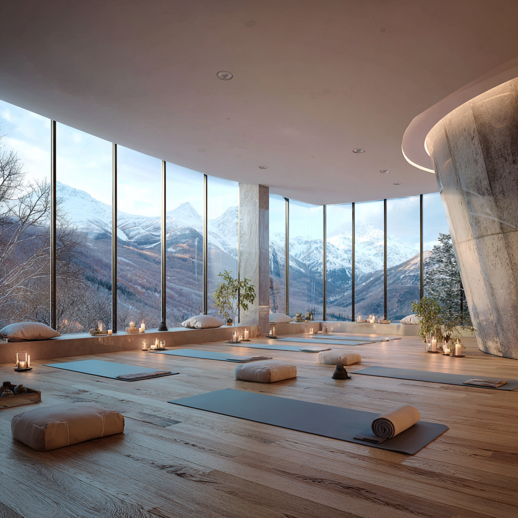 Розкішна студія йоги з панорамними вікнами та м'яким природним освітленням