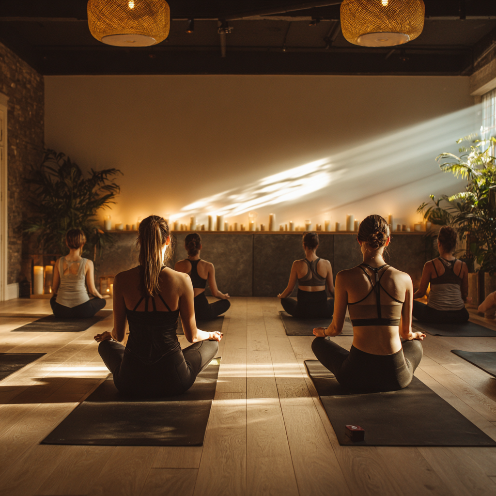 Атмосферне групове заняття йогою у студії з м'яким світлом та затишним інтер'єром